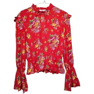 & Other Stories Red Floral Ruffle Tie Neck Blouse Paris Atelier Romantic Boho